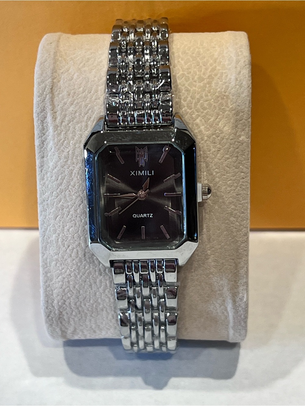XIMILI Silver-Tone Rectangular Bracelet Watch with Black Dial